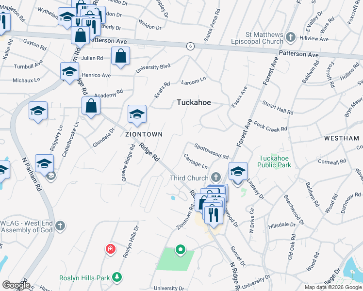map of restaurants, bars, coffee shops, grocery stores, and more near 710 Spottswood Road in Richmond