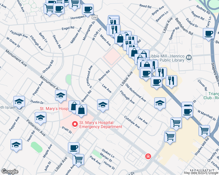 map of restaurants, bars, coffee shops, grocery stores, and more near 5806 Lee Avenue in Richmond