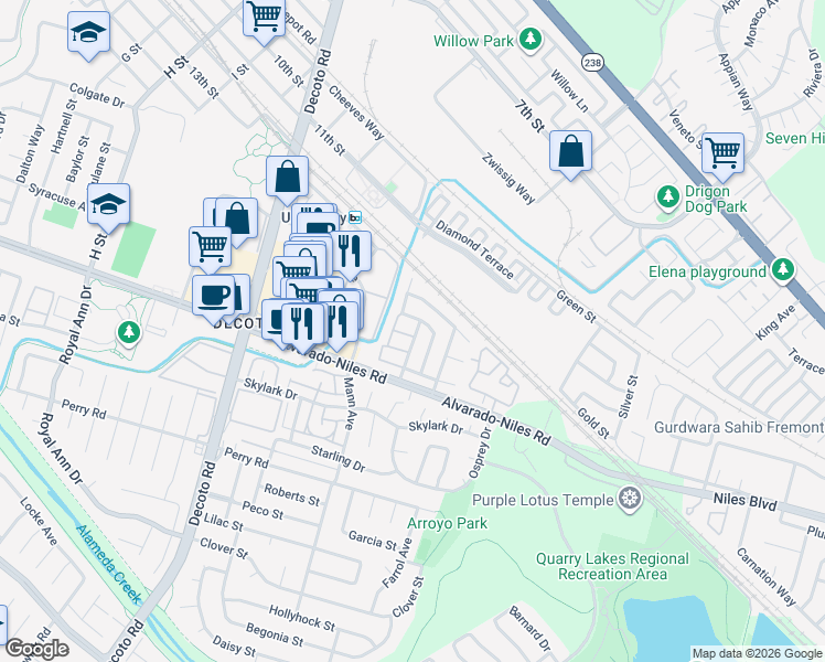 map of restaurants, bars, coffee shops, grocery stores, and more near 1885 Flagstone Drive in Union City