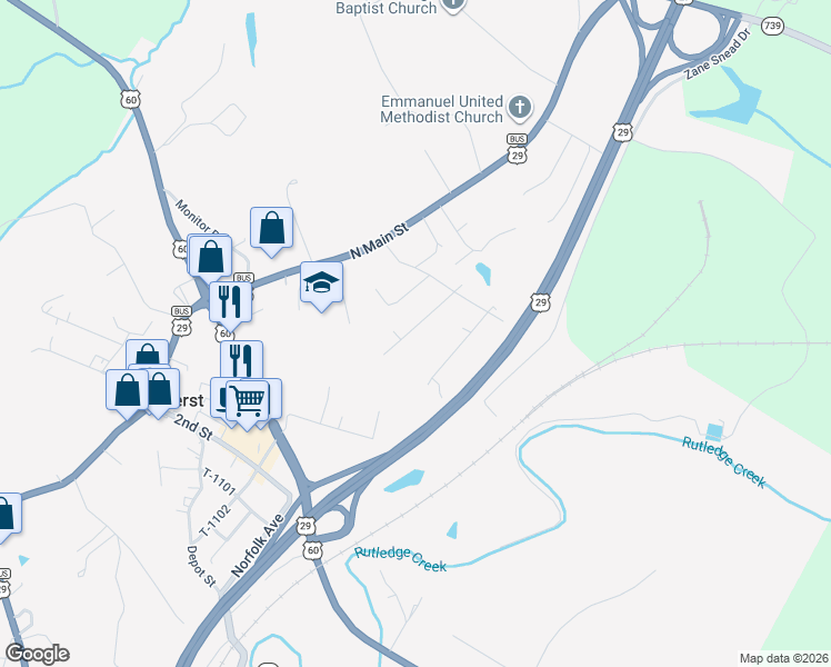 map of restaurants, bars, coffee shops, grocery stores, and more near 101-105 Maple Lane in Amherst