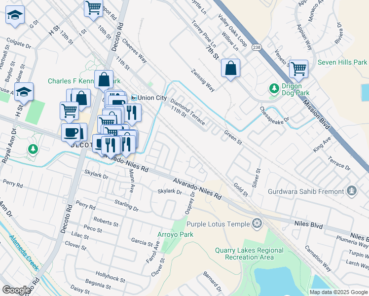 map of restaurants, bars, coffee shops, grocery stores, and more near 34902 Herringbone Court in Union City