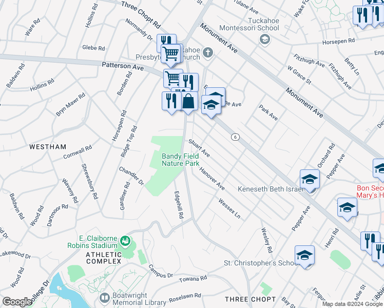 map of restaurants, bars, coffee shops, grocery stores, and more near 6800 Hanover Avenue in Richmond