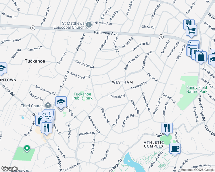 map of restaurants, bars, coffee shops, grocery stores, and more near 7721 Brookside Road in Richmond