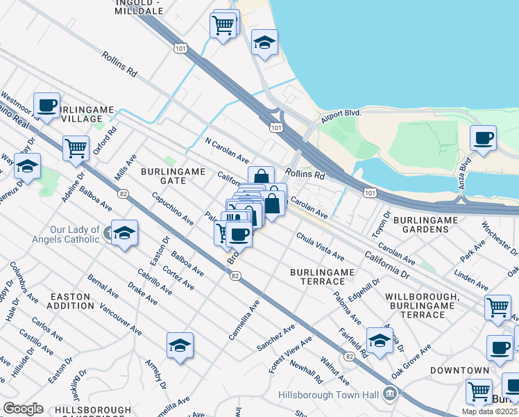 map of restaurants, bars, coffee shops, grocery stores, and more near 1134 Broadway in Burlingame