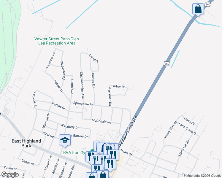 map of restaurants, bars, coffee shops, grocery stores, and more near 2204 Drummond Drive in Richmond