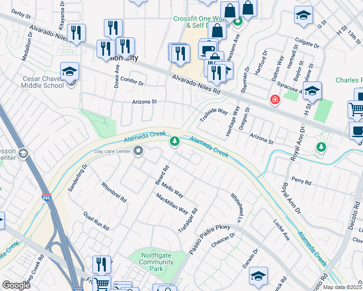 map of restaurants, bars, coffee shops, grocery stores, and more near 2835 Beard Terrace in Fremont
