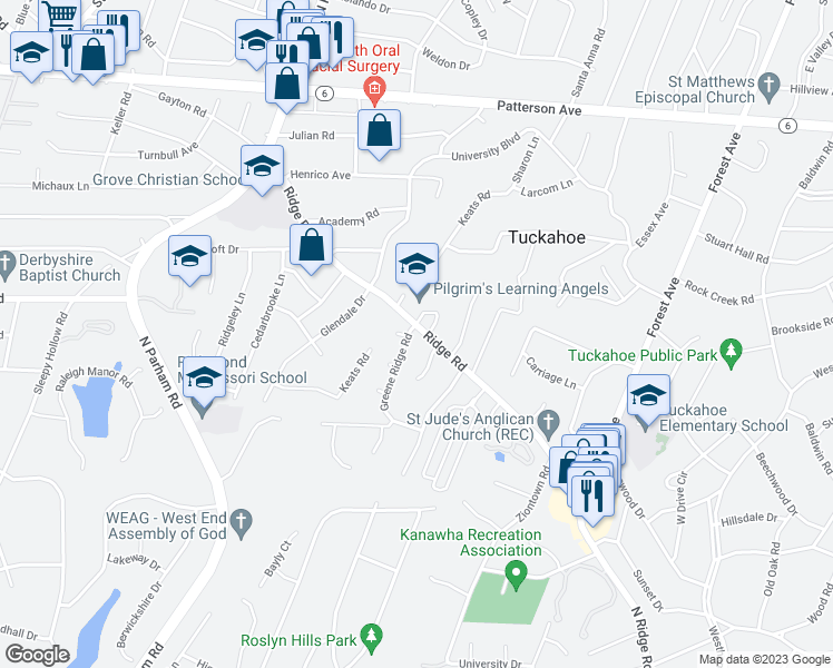 map of restaurants, bars, coffee shops, grocery stores, and more near 533 Greene Ridge Road in Richmond