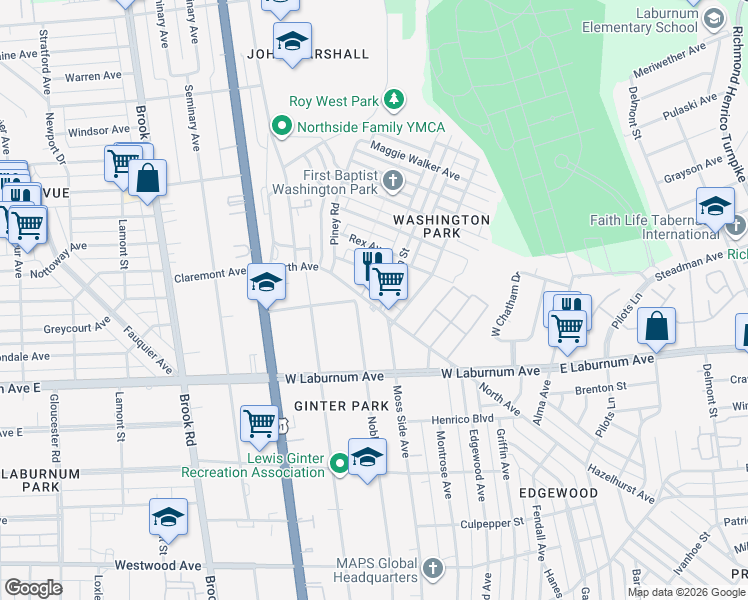 map of restaurants, bars, coffee shops, grocery stores, and more near 3815 Noble Avenue in Richmond