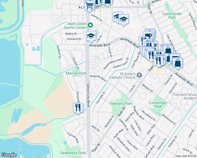 map of restaurants, bars, coffee shops, grocery stores, and more near 4608 Granada Way in Union City