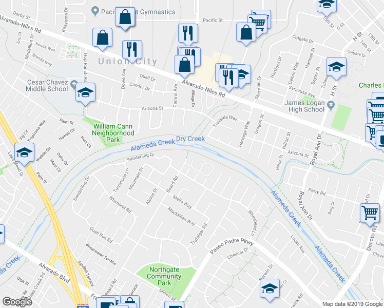 map of restaurants, bars, coffee shops, grocery stores, and more near 2835 Beard Terrace in Fremont