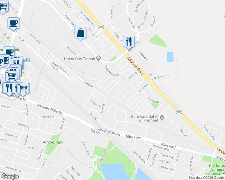 map of restaurants, bars, coffee shops, grocery stores, and more near 34392 Pinnacles Court in Union City