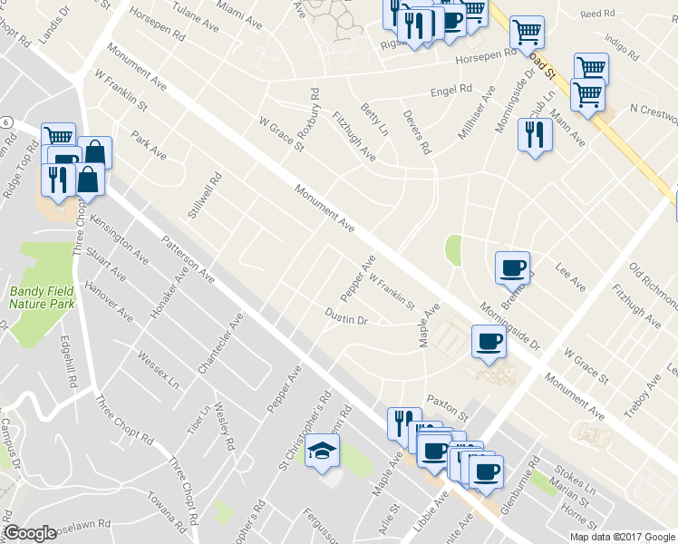 map of restaurants, bars, coffee shops, grocery stores, and more near 1017 Orchard Road in Richmond