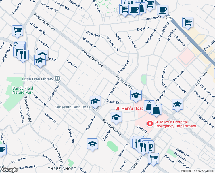 map of restaurants, bars, coffee shops, grocery stores, and more near 1017 Orchard Road in Richmond