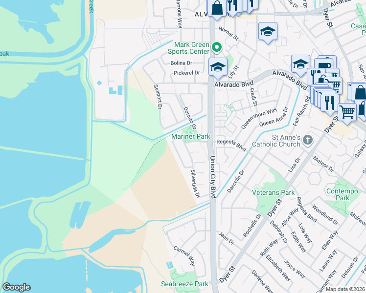 map of restaurants, bars, coffee shops, grocery stores, and more near 4637 Silvertide Drive in Union City