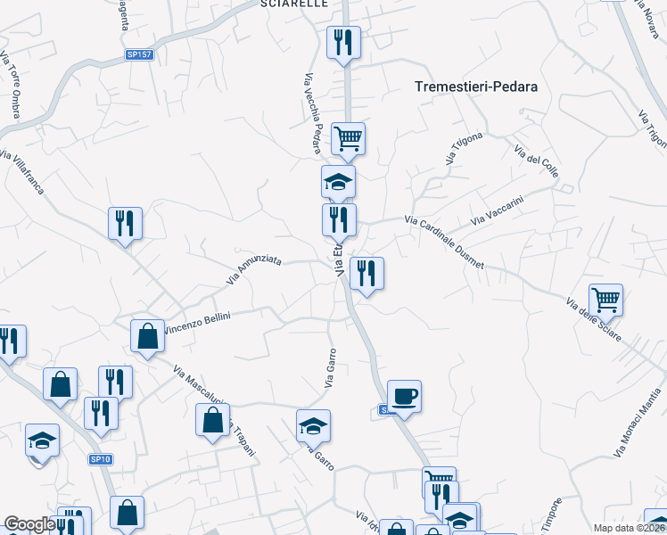map of restaurants, bars, coffee shops, grocery stores, and more near 4 Via A.Toscanini in Tremestieri Etneo