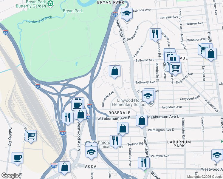 map of restaurants, bars, coffee shops, grocery stores, and more near 3940 Rosedale Avenue in Richmond