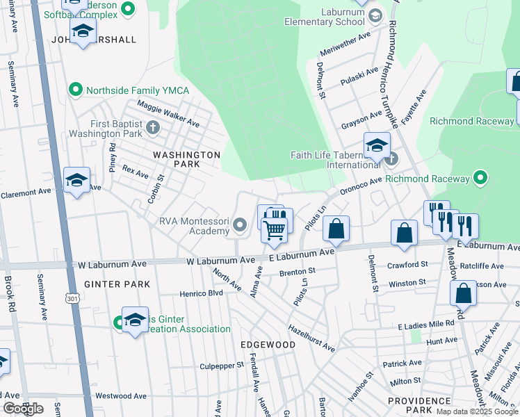 map of restaurants, bars, coffee shops, grocery stores, and more near 3927 East Chatham Drive in Richmond