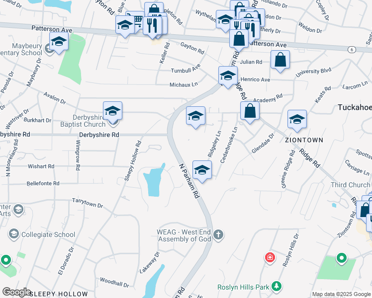 map of restaurants, bars, coffee shops, grocery stores, and more near 601 N Parham Rd in Richmond
