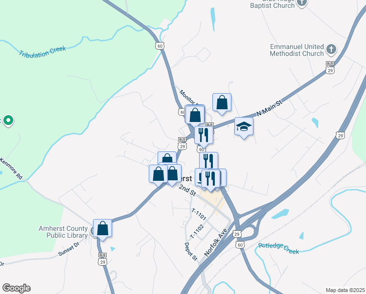 map of restaurants, bars, coffee shops, grocery stores, and more near 144 South Main Street in Amherst