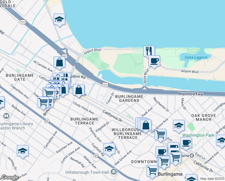 map of restaurants, bars, coffee shops, grocery stores, and more near 900 Toyon Drive in Burlingame
