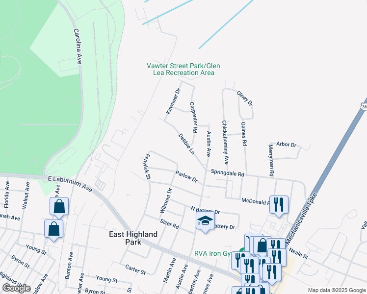 map of restaurants, bars, coffee shops, grocery stores, and more near 1723 Debbie Lane in Richmond