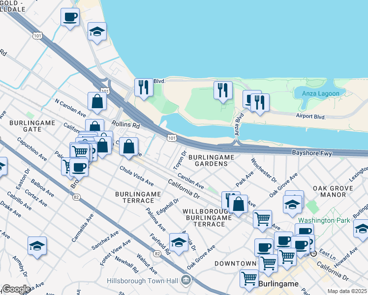 map of restaurants, bars, coffee shops, grocery stores, and more near 900 Toyon Drive in Burlingame