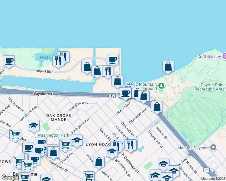 map of restaurants, bars, coffee shops, grocery stores, and more near 324 Lang Road in Burlingame