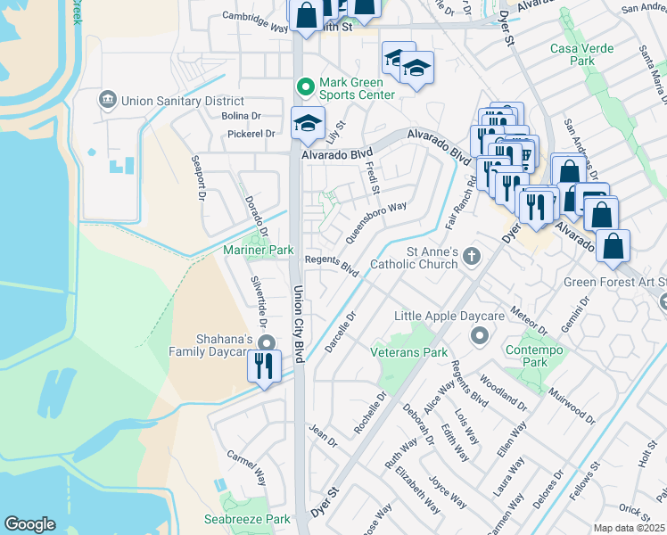 map of restaurants, bars, coffee shops, grocery stores, and more near 4608 Granada Way in Union City