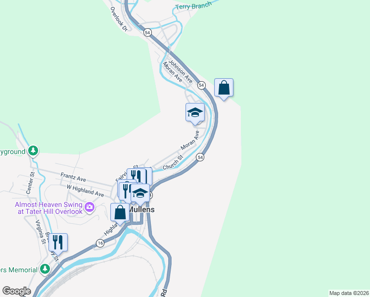 map of restaurants, bars, coffee shops, grocery stores, and more near 607 Moran Avenue in Mullens