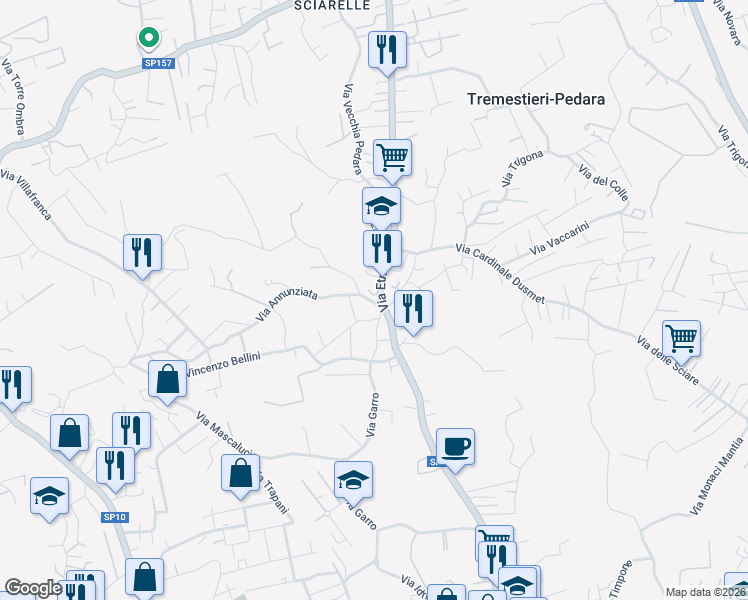 map of restaurants, bars, coffee shops, grocery stores, and more near 4 Via A.Toscanini in Tremestieri Etneo