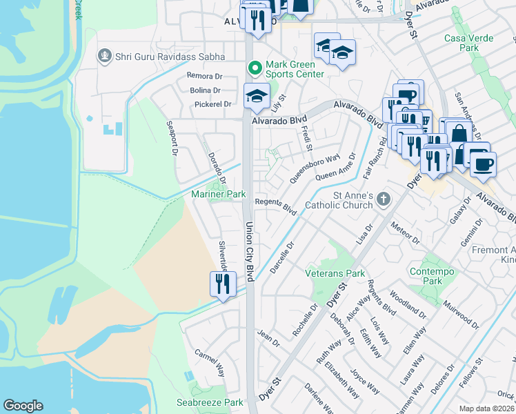 map of restaurants, bars, coffee shops, grocery stores, and more near 4636 Granada Way in Union City