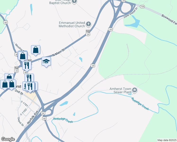 map of restaurants, bars, coffee shops, grocery stores, and more near U.S. 29 in Amherst
