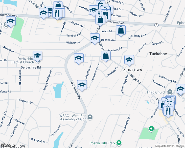 map of restaurants, bars, coffee shops, grocery stores, and more near 516 Cedarbrooke Lane in Richmond