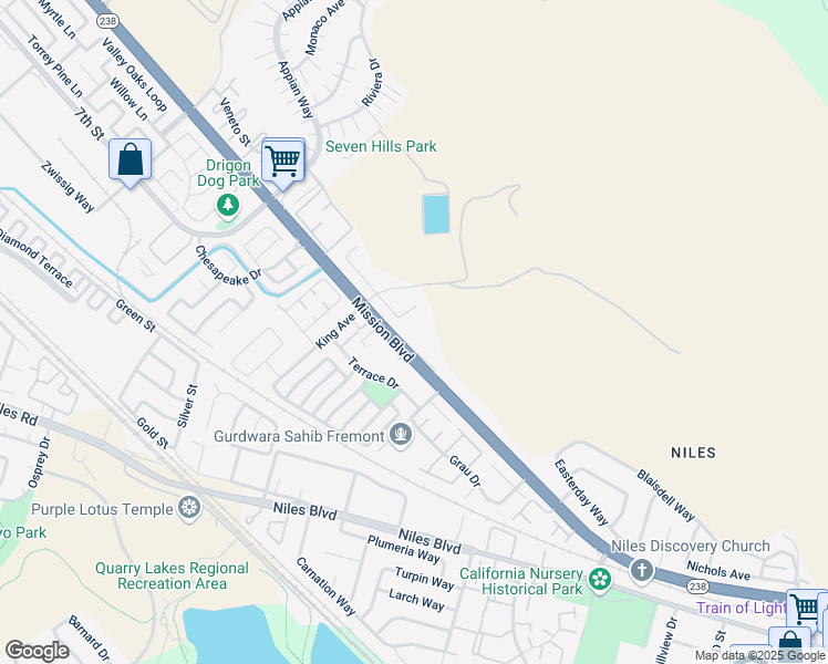 map of restaurants, bars, coffee shops, grocery stores, and more near 35490 Mission Boulevard in Fremont