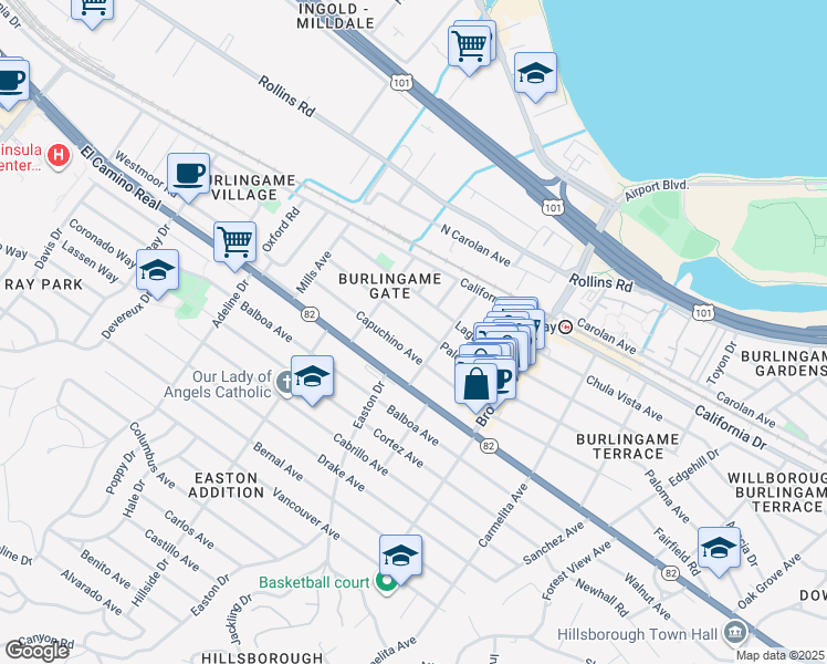 map of restaurants, bars, coffee shops, grocery stores, and more near 1325 Paloma Avenue in Burlingame