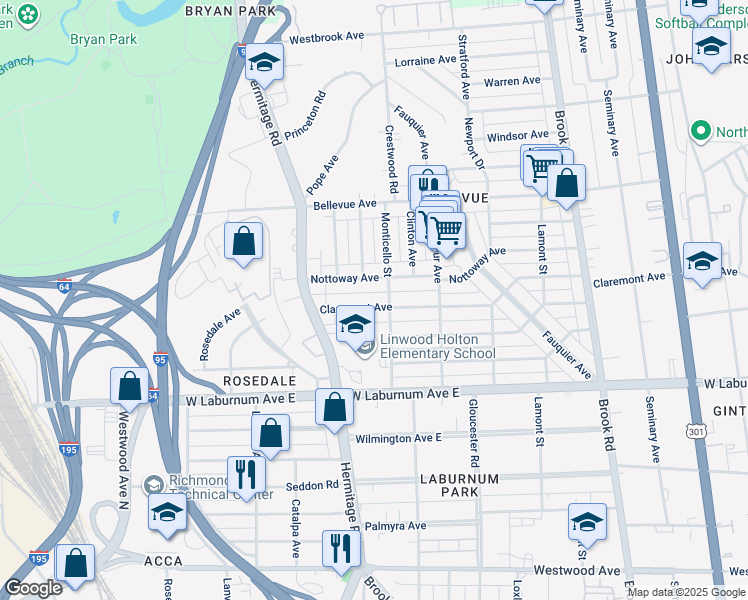 map of restaurants, bars, coffee shops, grocery stores, and more near 1606 Claremont Avenue in Richmond