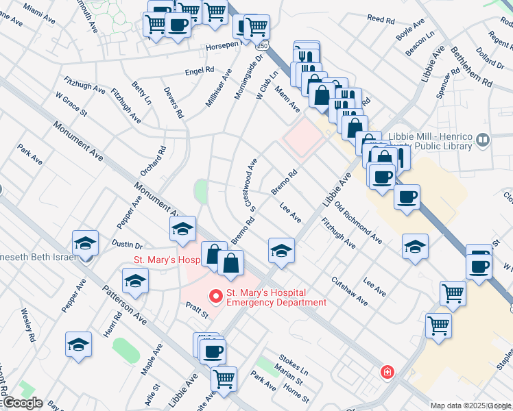 map of restaurants, bars, coffee shops, grocery stores, and more near 5901 South Crestwood Avenue in Richmond