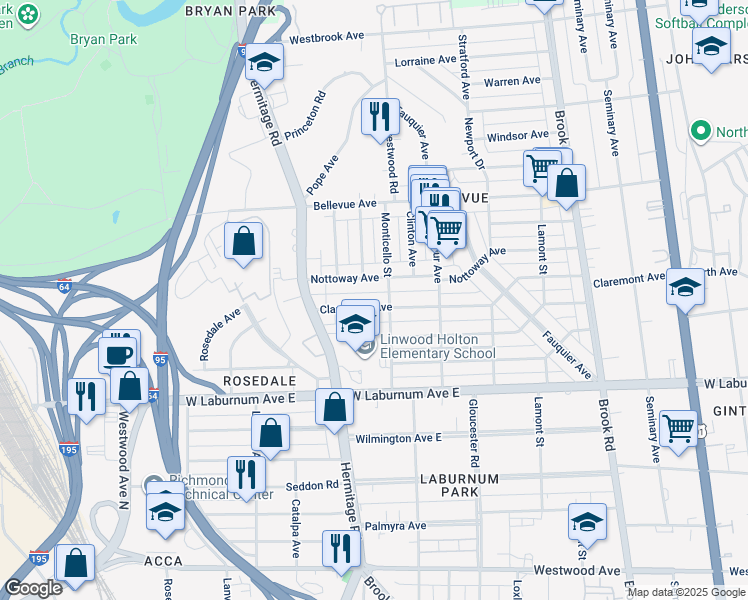map of restaurants, bars, coffee shops, grocery stores, and more near 1606 Claremont Avenue in Richmond