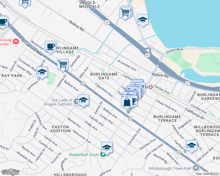 map of restaurants, bars, coffee shops, grocery stores, and more near 1325 Paloma Avenue in Burlingame