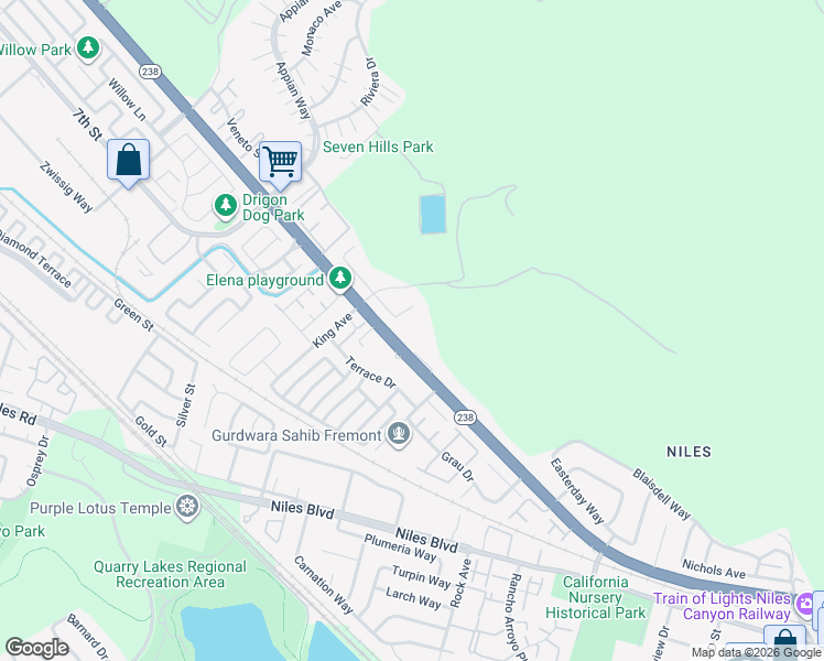 map of restaurants, bars, coffee shops, grocery stores, and more near 35490 Mission Boulevard in Fremont