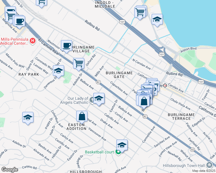map of restaurants, bars, coffee shops, grocery stores, and more near 1345 California 82 in Burlingame