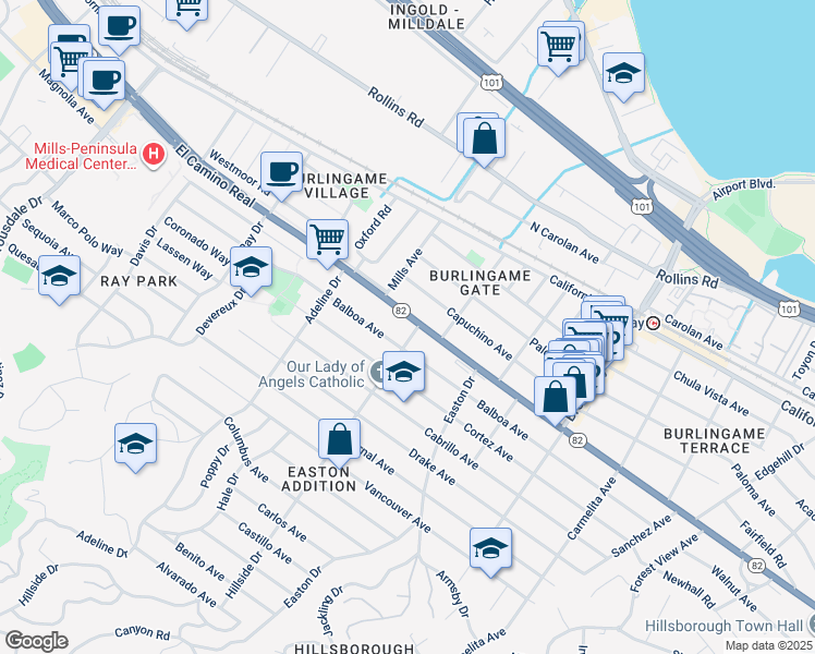 map of restaurants, bars, coffee shops, grocery stores, and more near 1408 Balboa Avenue in Burlingame
