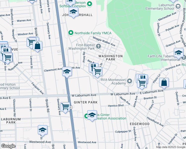 map of restaurants, bars, coffee shops, grocery stores, and more near 3815 Noble Avenue in Richmond