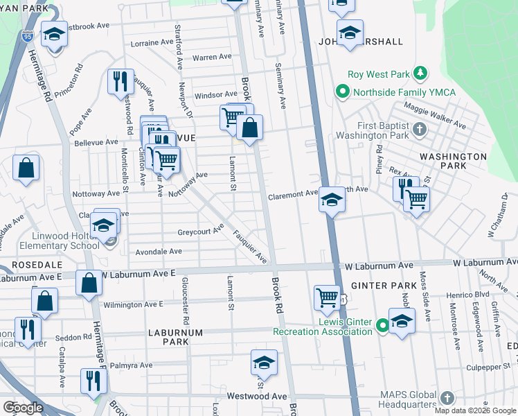 map of restaurants, bars, coffee shops, grocery stores, and more near 1205 Greycourt Avenue in Richmond