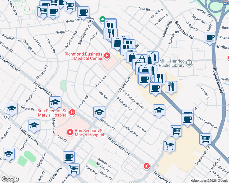 map of restaurants, bars, coffee shops, grocery stores, and more near in Henrico County