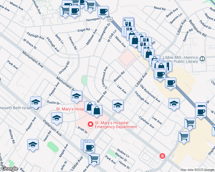 map of restaurants, bars, coffee shops, grocery stores, and more near 5901 South Crestwood Avenue in Richmond