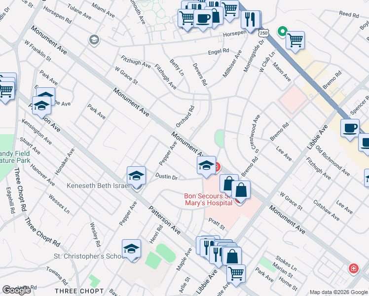 map of restaurants, bars, coffee shops, grocery stores, and more near 6216 West Franklin Street in Richmond