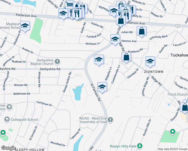 map of restaurants, bars, coffee shops, grocery stores, and more near 601 N Parham Rd in Richmond
