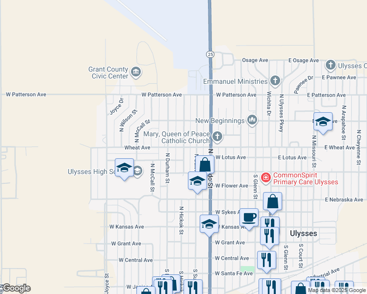 map of restaurants, bars, coffee shops, grocery stores, and more near 800 North Hickok Street in Ulysses