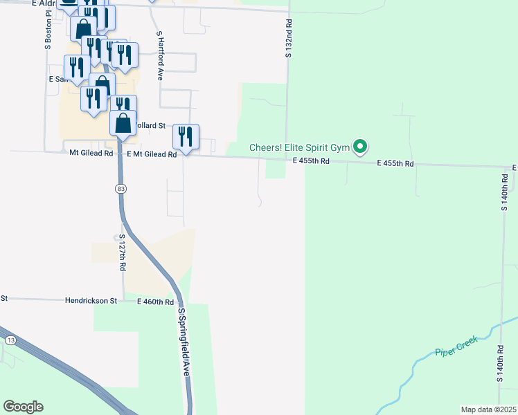 map of restaurants, bars, coffee shops, grocery stores, and more near 4598 South 131st Road in Bolivar